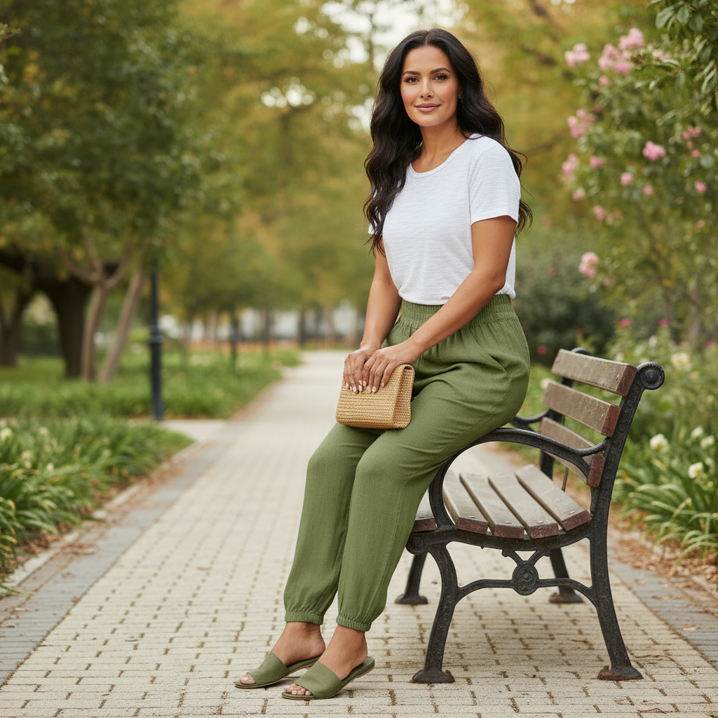 Woman sitting on a bench in a park wearing a white shirt and green pants.