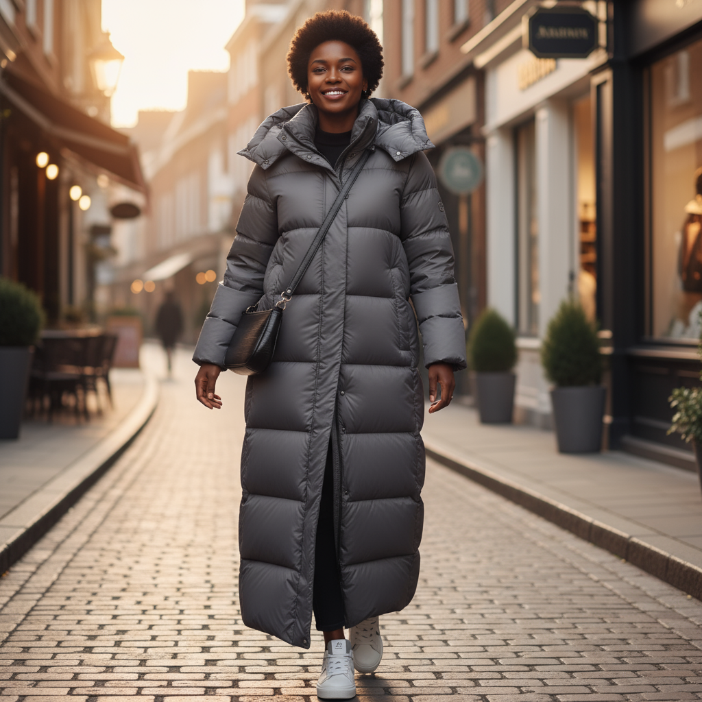 Woman in a long gray puffer coat walking down a city street.