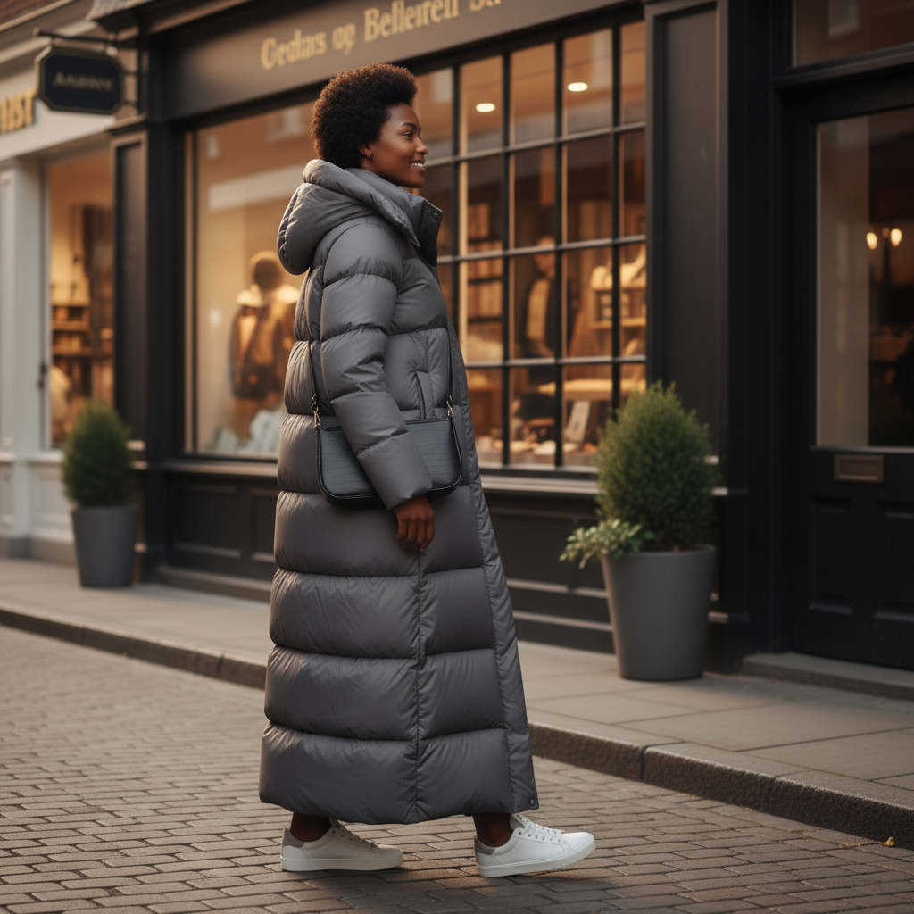 Woman in a long gray puffer coat walking on a city street.