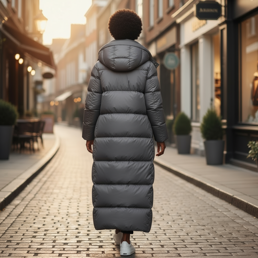 Person wearing a long gray puffer coat walking down a city street.