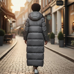 Person wearing a long gray puffer coat walking down a city street.
