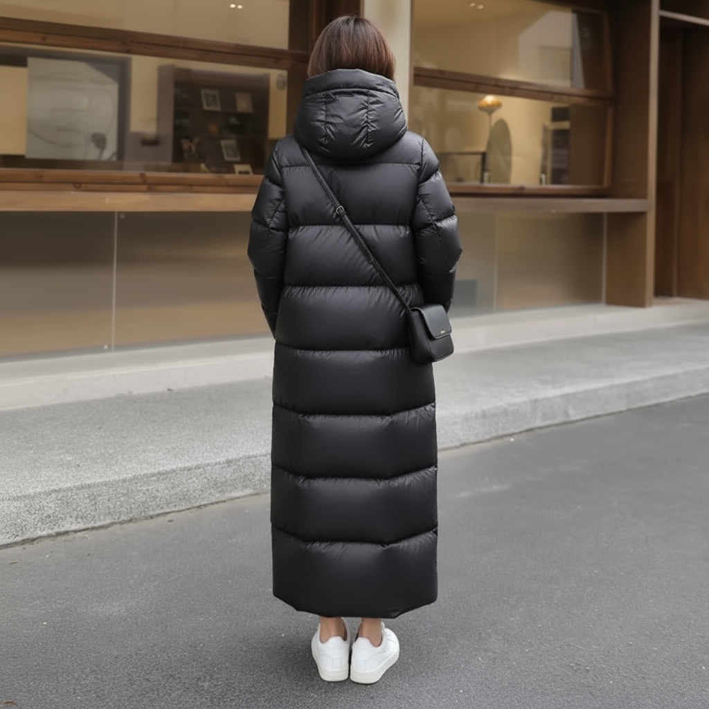 Person wearing a long black puffer coat standing on a street.
