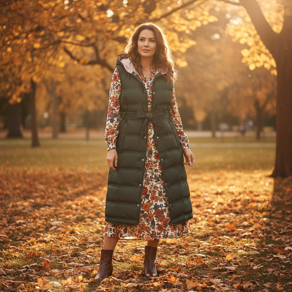 Woman wearing a long green puffer coat over a floral dress in an autumn park.