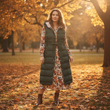Woman wearing a long green puffer coat over a floral dress in an autumn park.