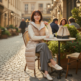 Woman sitting at an outdoor cafe table in a European street