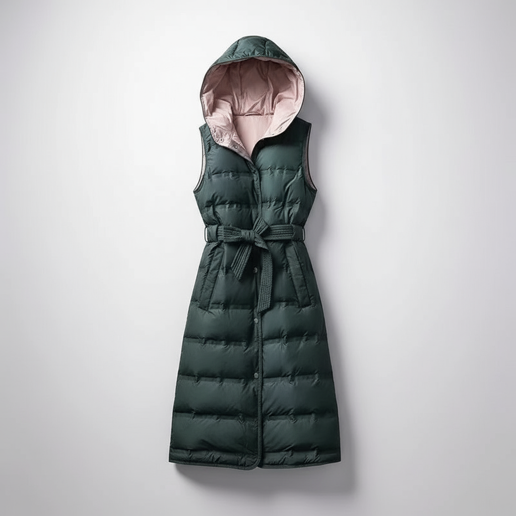 Green puffer vest with a hood on a light gray background