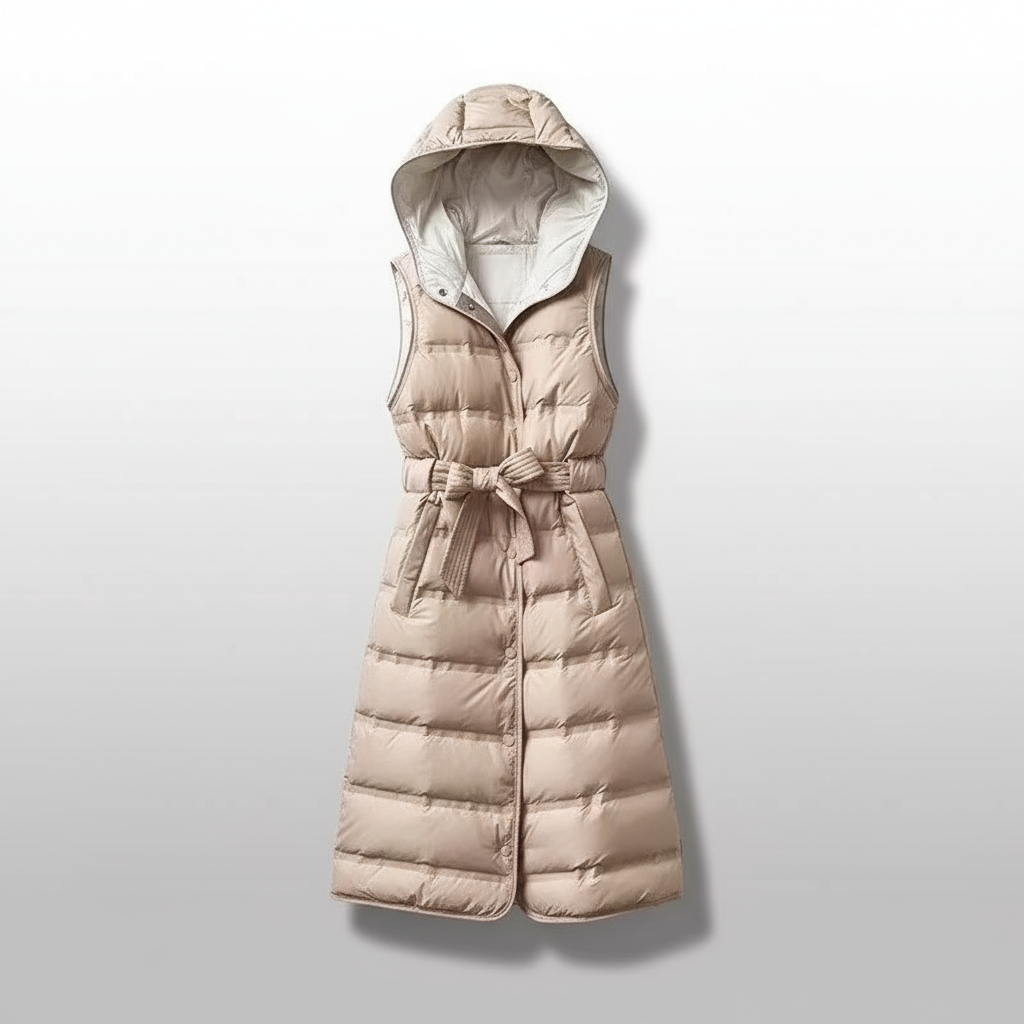 Beige puffer vest with hood on a light gray background