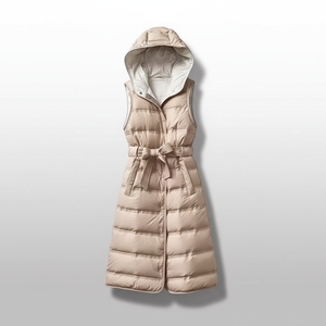 Beige puffer vest with hood on a light gray background