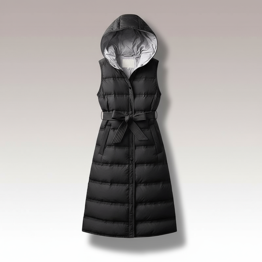 Black puffer vest with hood on a light gray background