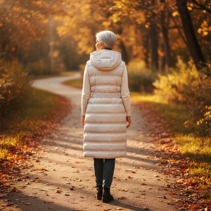 Person in a long white puffer coat walking along a path in an autumn forest.