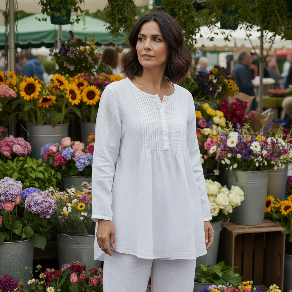 Woman in a white outfit standing among flowers at an outdoor market.