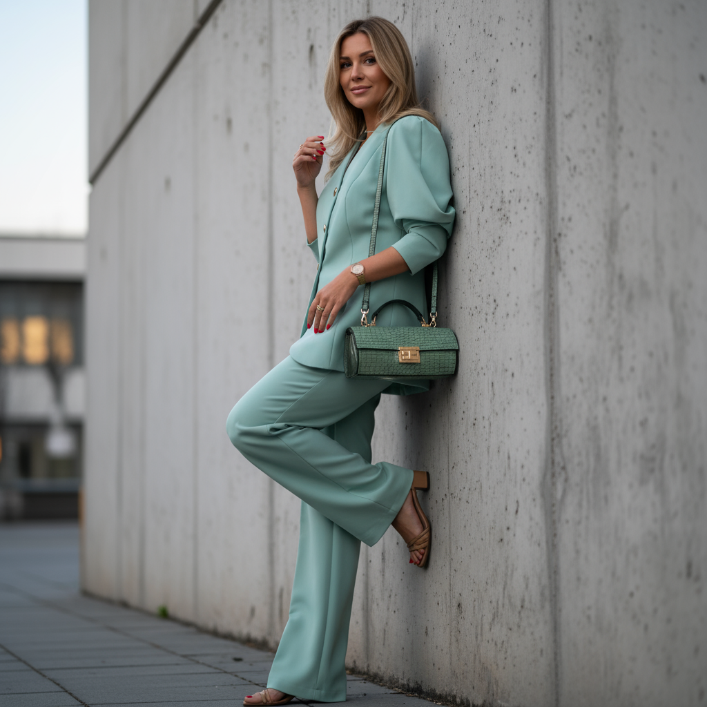 Woman in a mint green suit leaning against a concrete wall.