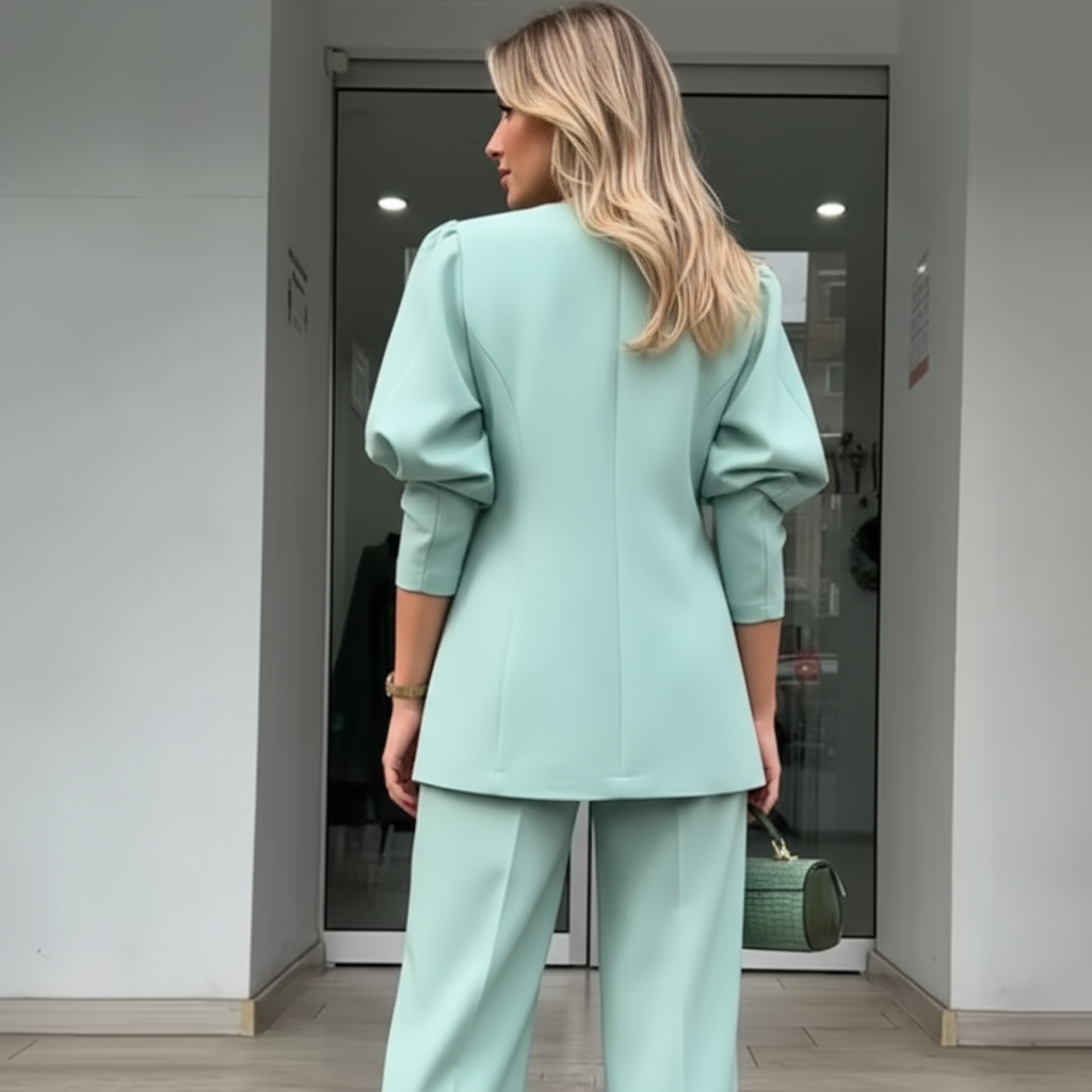 Woman in a light blue suit standing in an indoor setting
