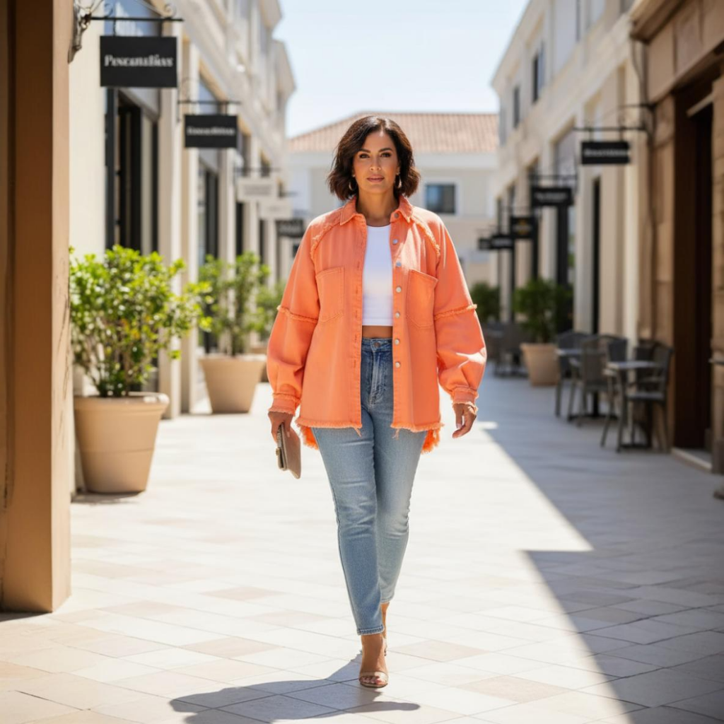 Woman in an orange jacket walking on a sunlit street with shops and plants.