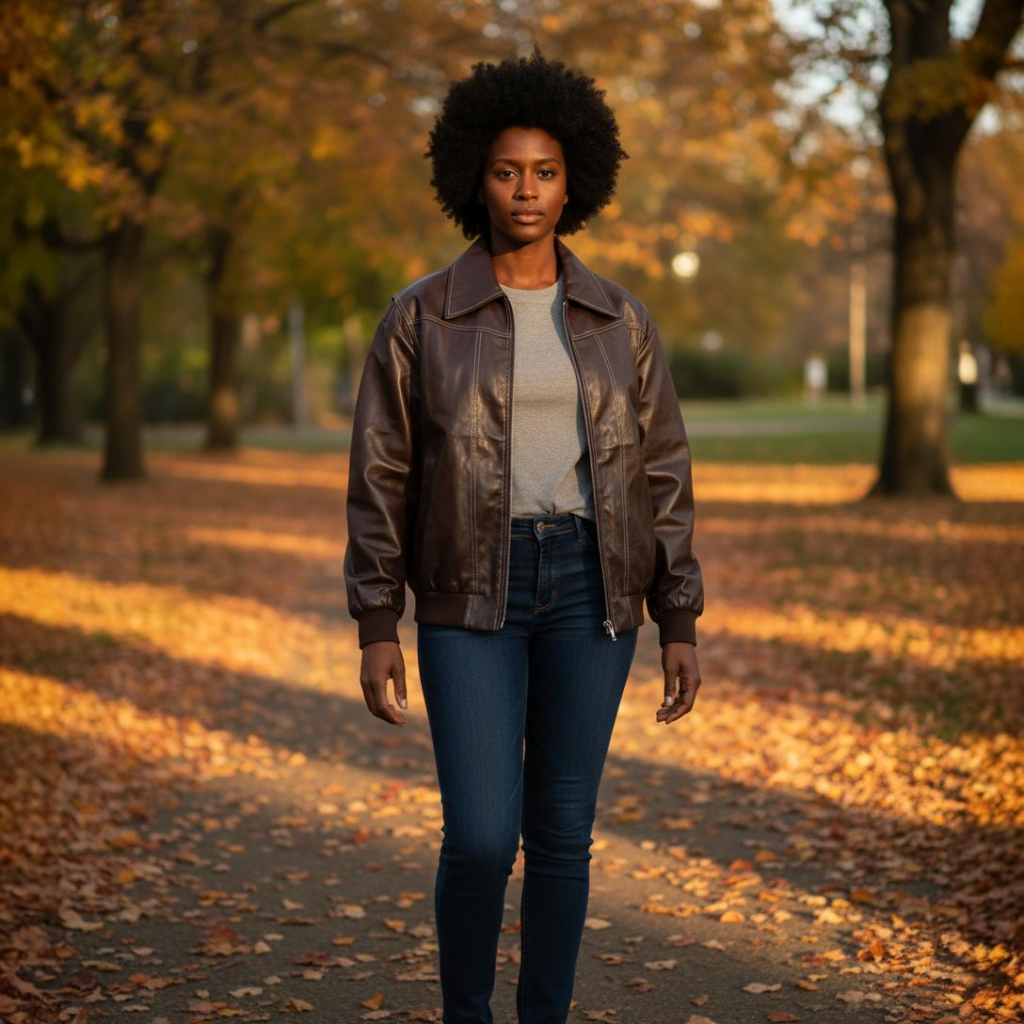 Woman standing on a path in a park with autumn leaves