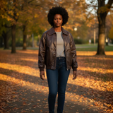 Woman standing on a path in a park with autumn leaves