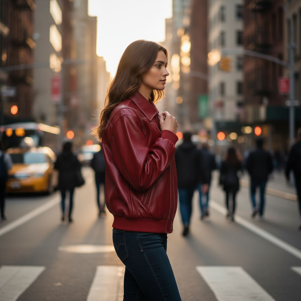 Woman in a red jacket standing on a city street with blurred background
