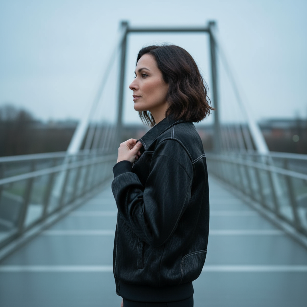 Woman standing on a bridge with a blurred background
