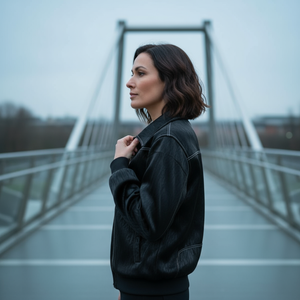 Woman standing on a bridge with a blurred background