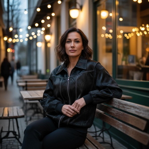 Woman in a black leather jacket sitting on a bench outdoors with string lights in the background