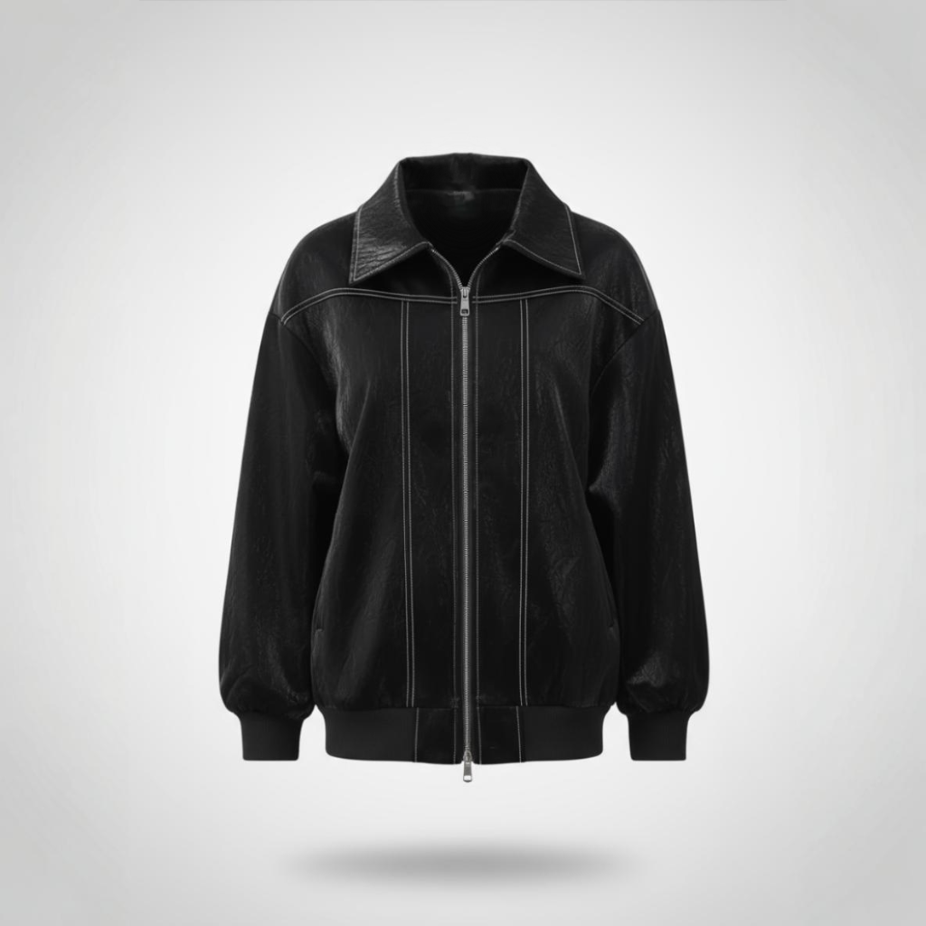 Black jacket with leather collar on a light gray background