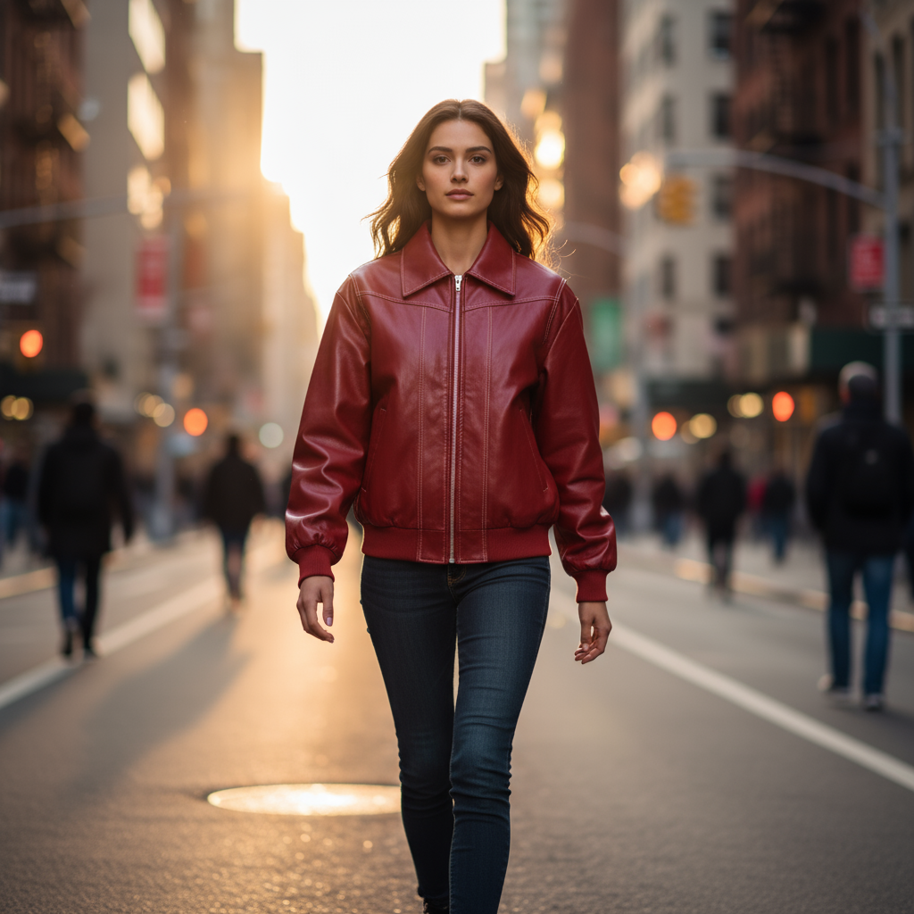 Woman in a red leather jacket walking on a city street.