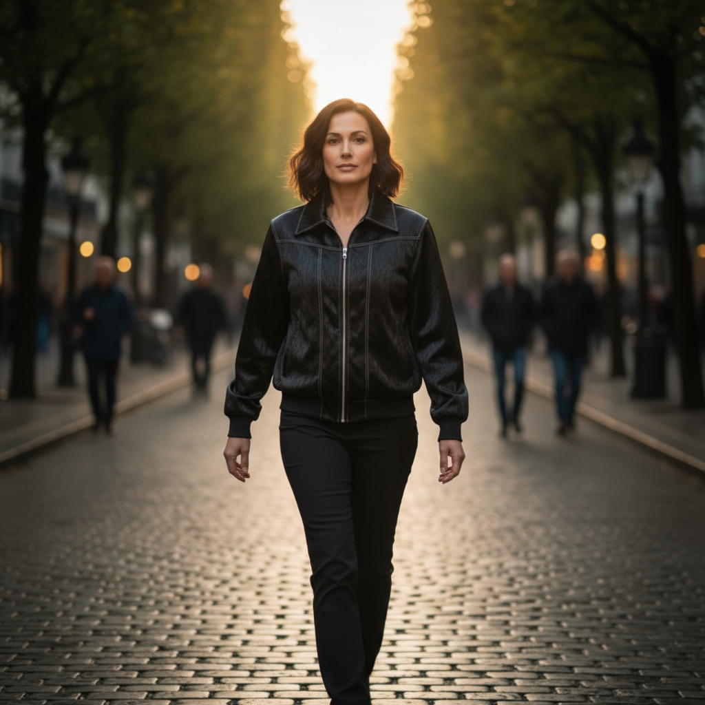 Woman walking down a tree-lined street at sunset