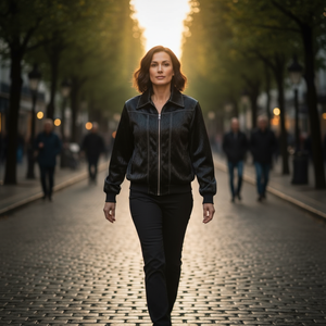 Woman walking down a tree-lined street at sunset