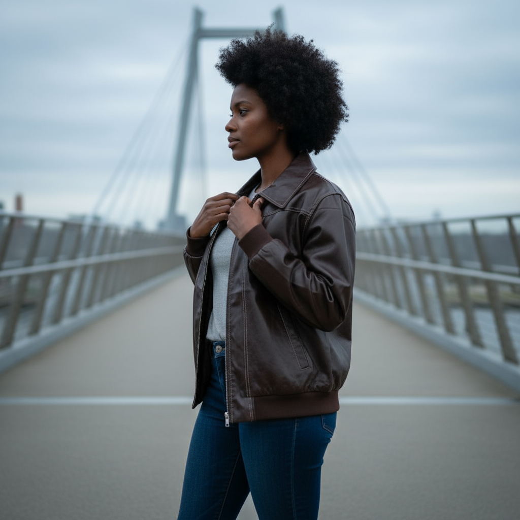 Woman standing on a bridge wearing a brown jacket and blue jeans.