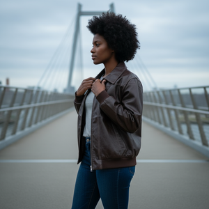 Woman standing on a bridge wearing a brown jacket and blue jeans.