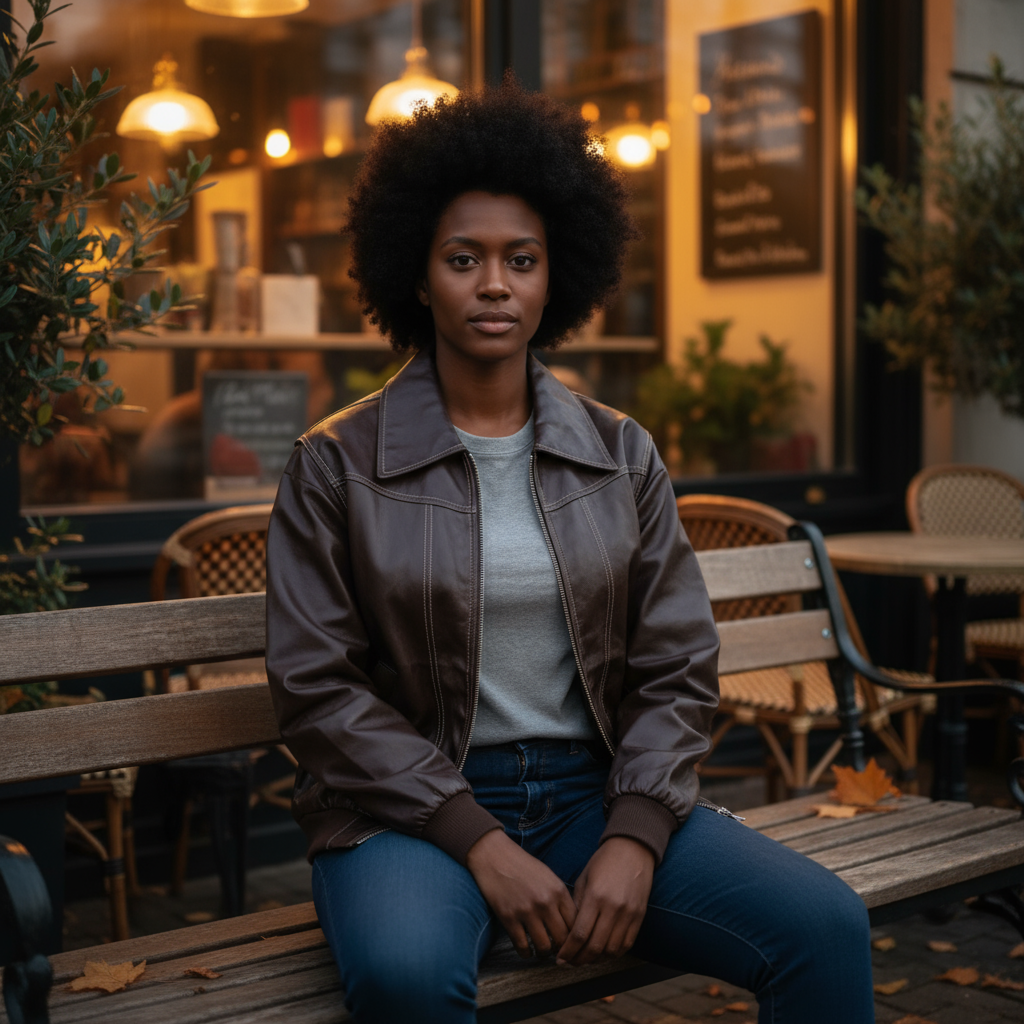 Woman sitting on a bench in an outdoor cafe setting