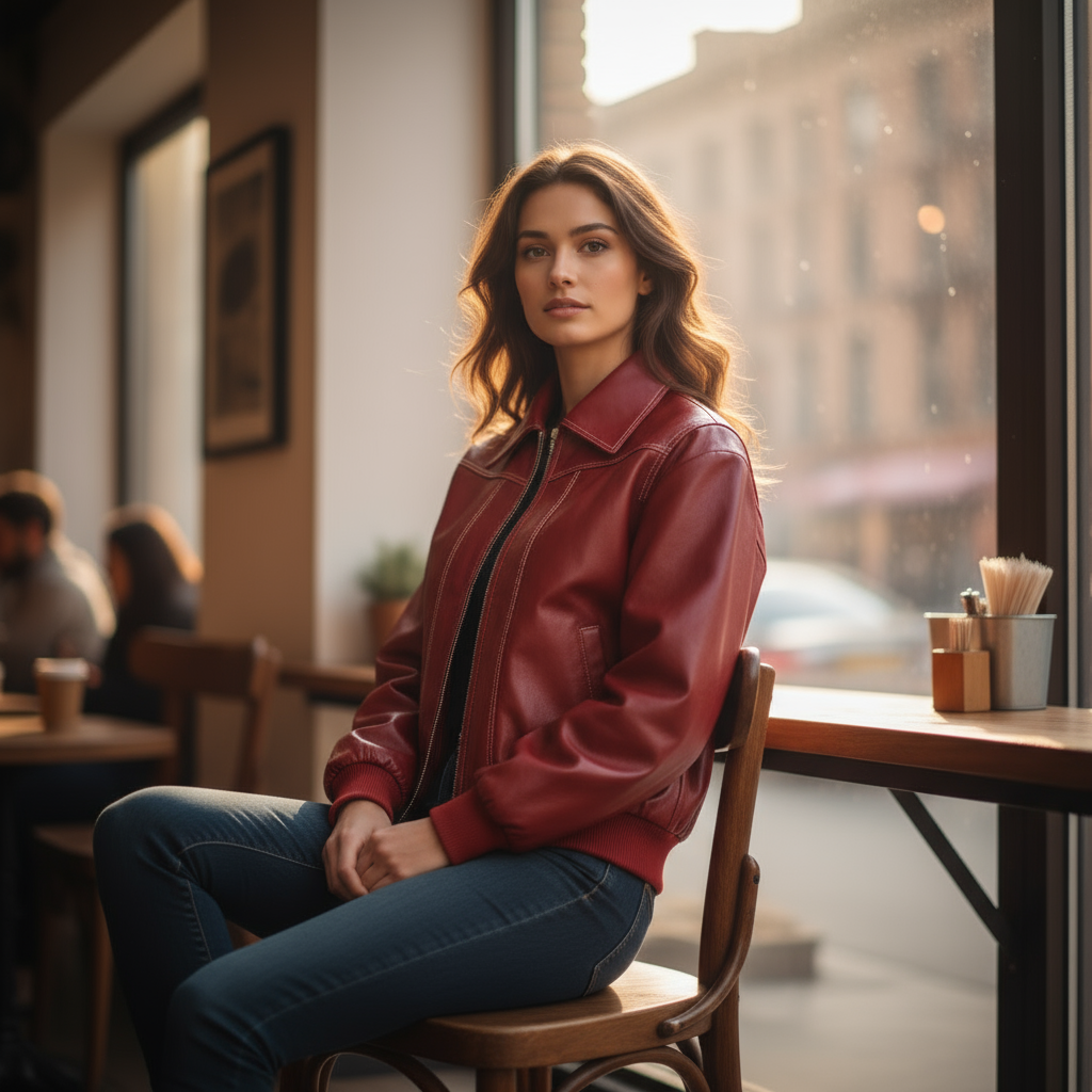 Woman in a red jacket sitting at a cafe table with a cityscape view.