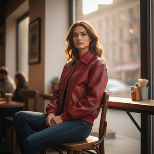 Woman in a red jacket sitting at a cafe table with a cityscape view.