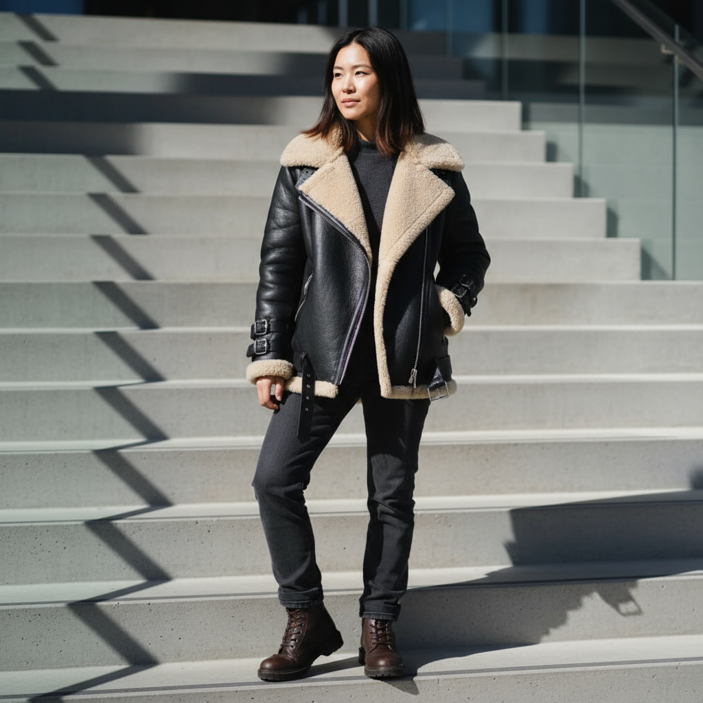 Woman wearing a black shearling jacket with beige lining standing on outdoor steps.