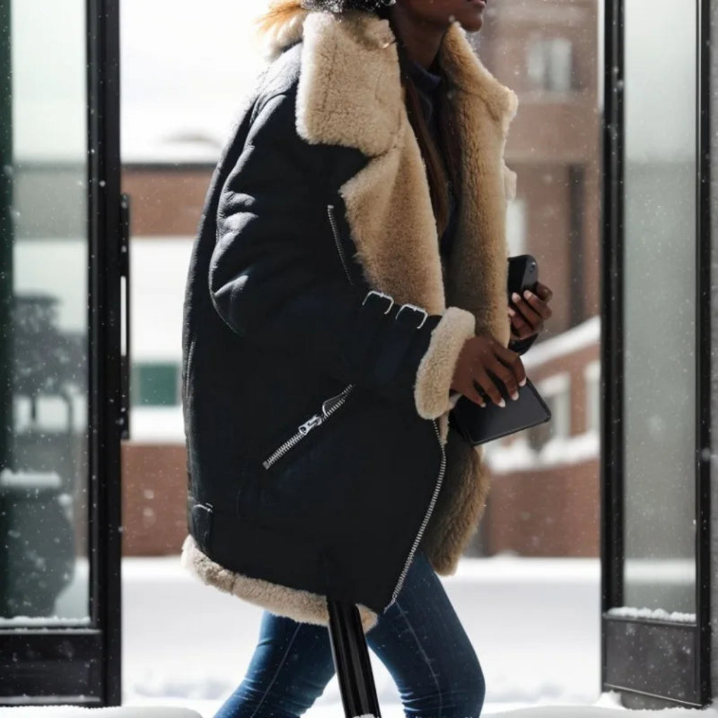 Person wearing a black coat with beige fur lining, walking in a snowy environment.