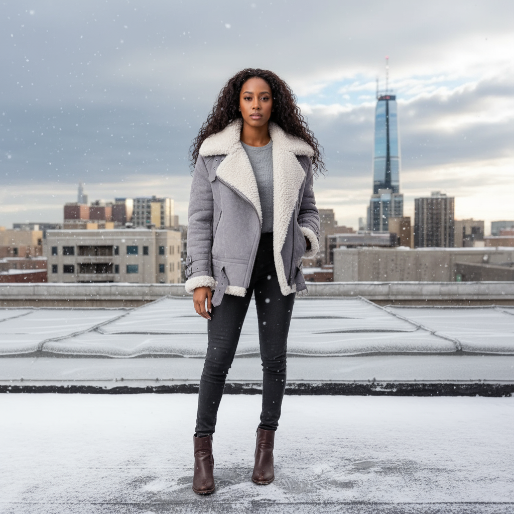 Woman wearing a grey shearling jacket standing on a snowy rooftop with city skyline in the background.