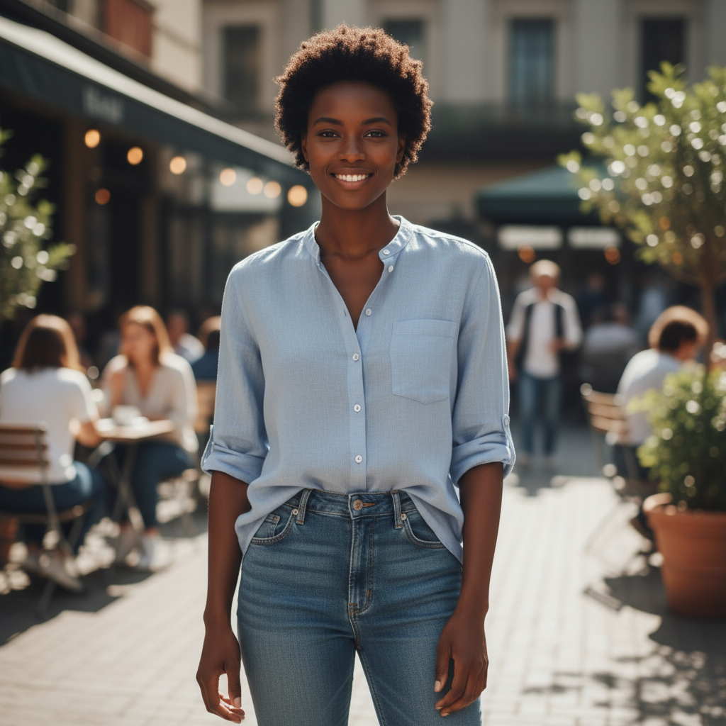 Woman wearing a light blue button-up shirt and jeans standing outdoors near a café.