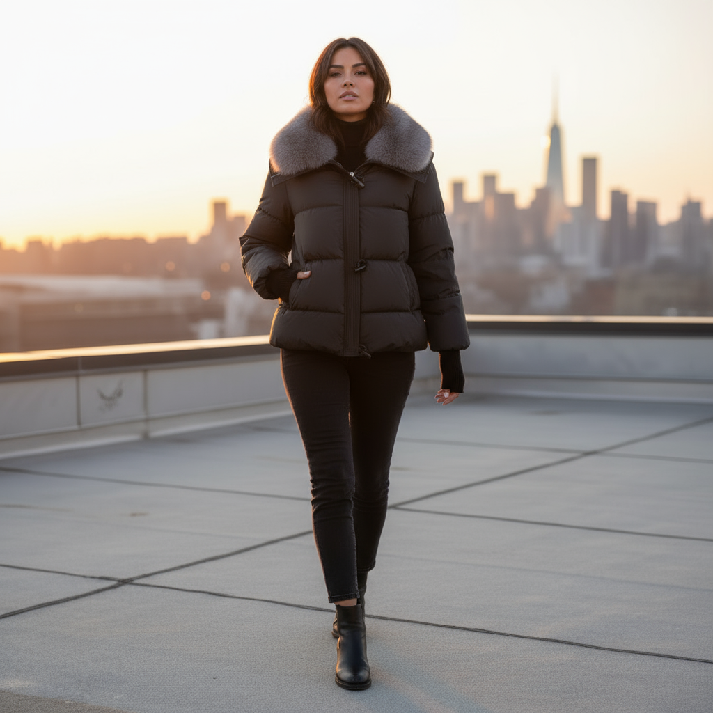 Woman in a black puffer coat with fur collar on a rooftop with city skyline in the background