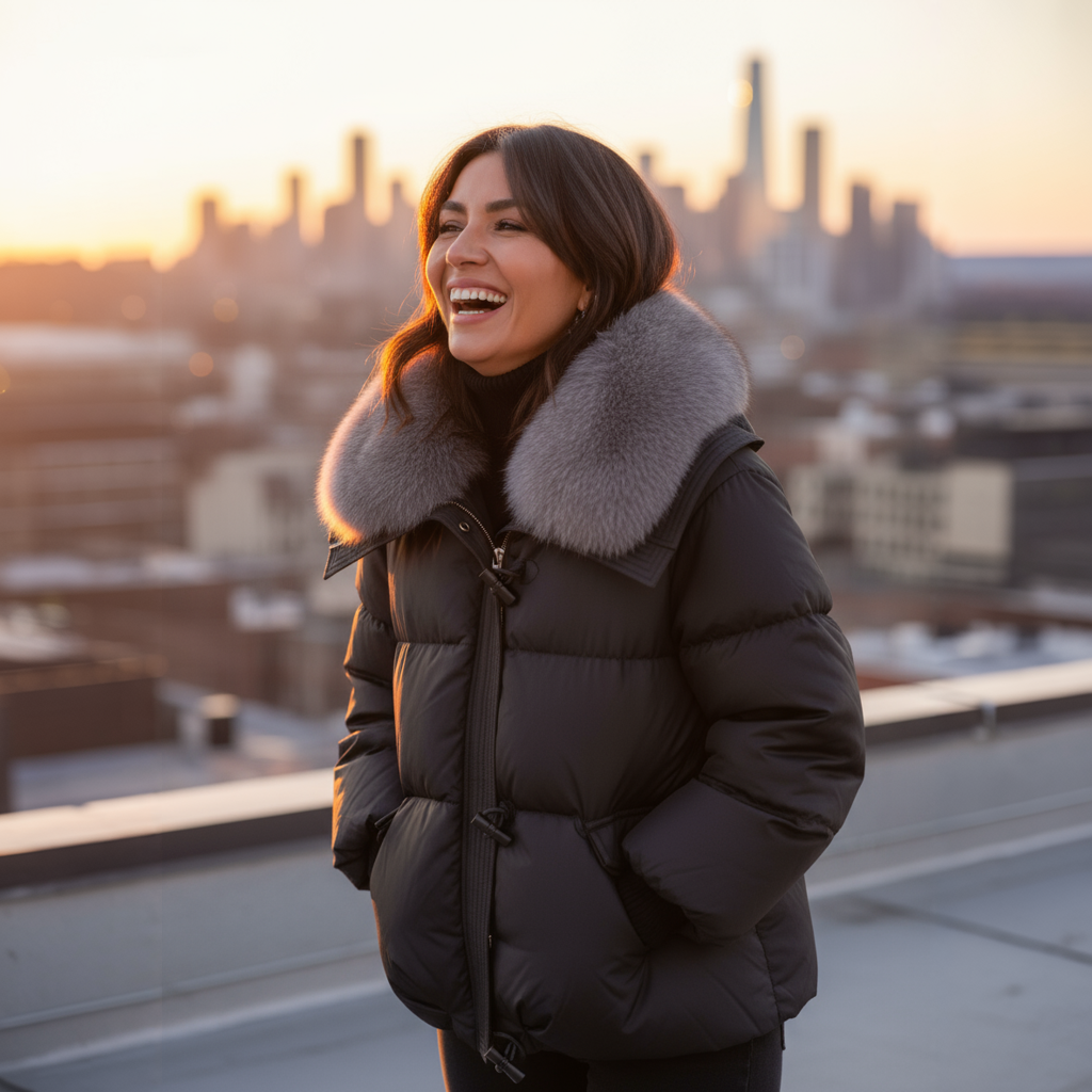 Woman in a black puffer coat with a fur-lined hood standing on a rooftop with a cityscape in the background.