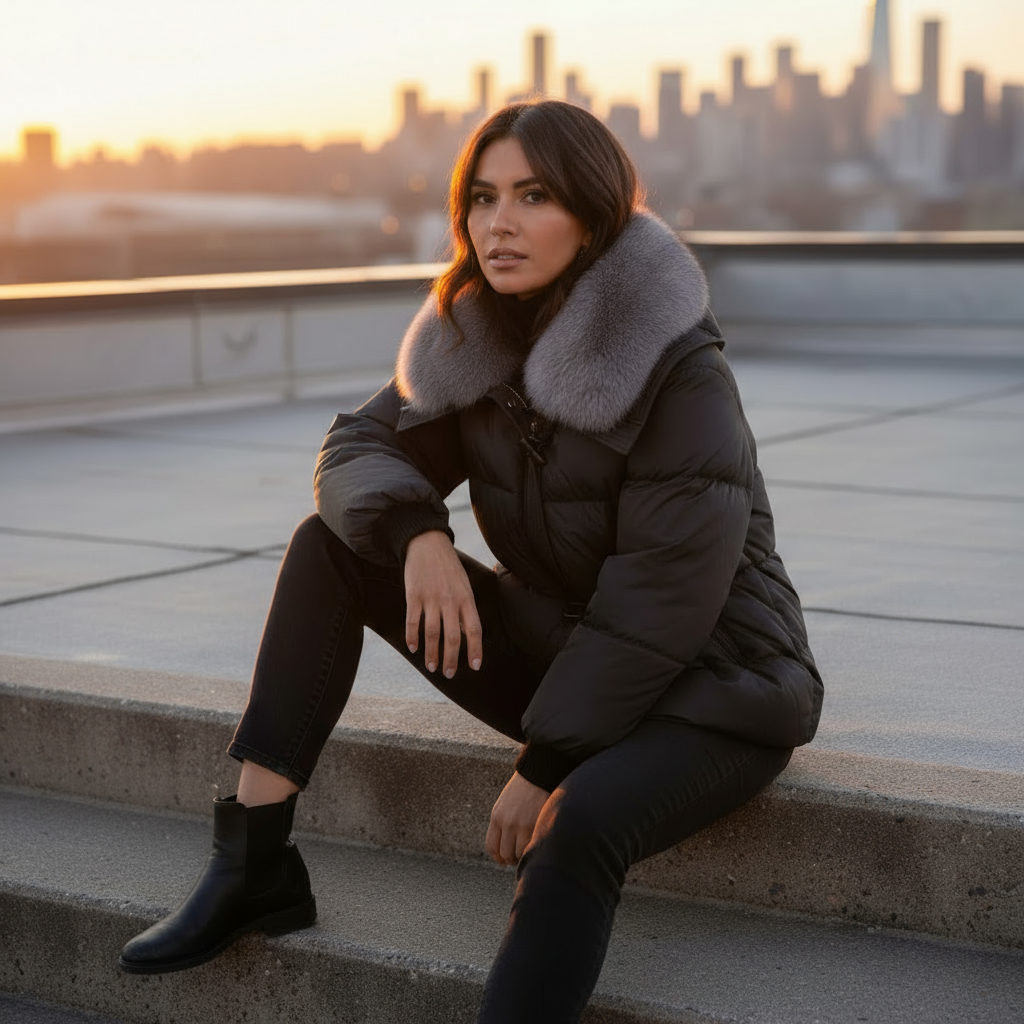 Woman in a dark coat with a fur collar sitting on steps against a cityscape at sunset.