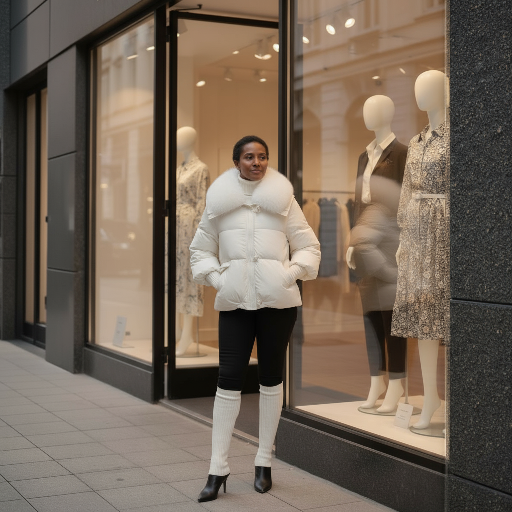 Woman in a white puffer jacket standing outside a store with mannequins in the window.