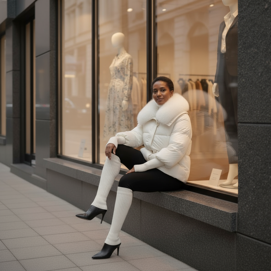 Woman in a white puffer jacket sitting on a ledge in front of a store window display.