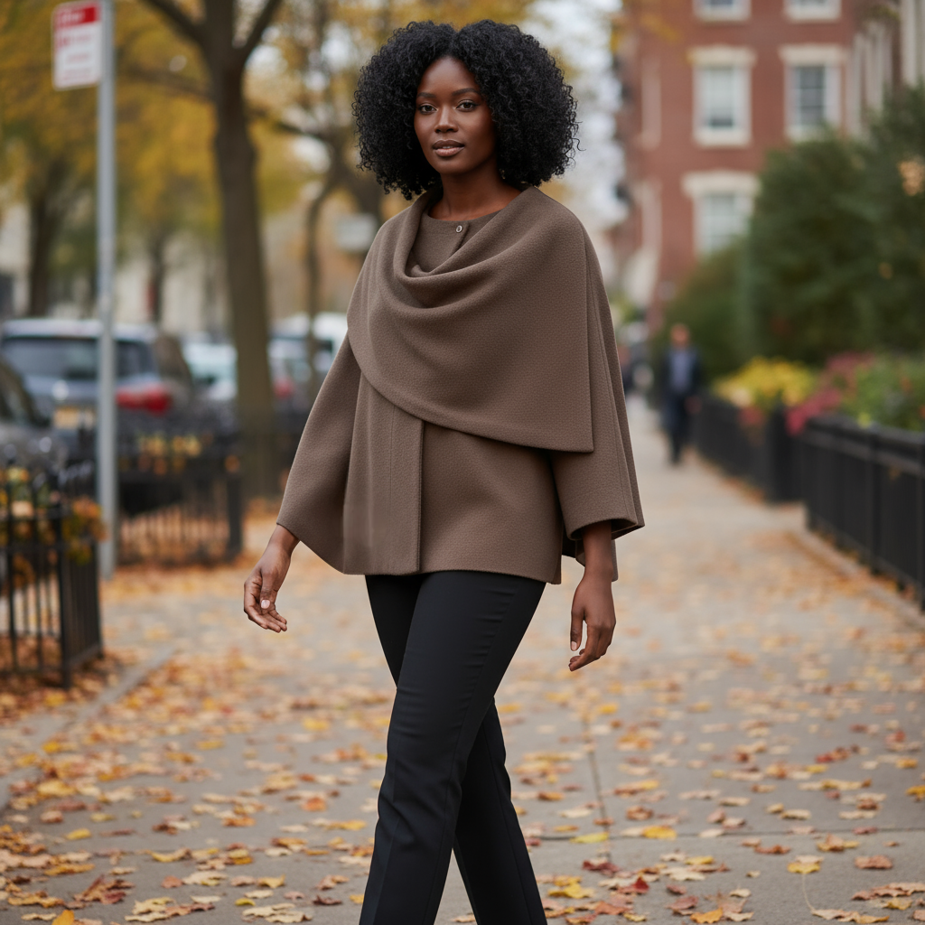 Woman walking on a sidewalk with autumn leaves and buildings in the background