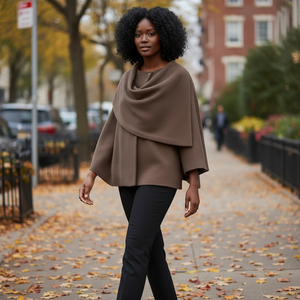 Woman walking on a sidewalk with autumn leaves and buildings in the background