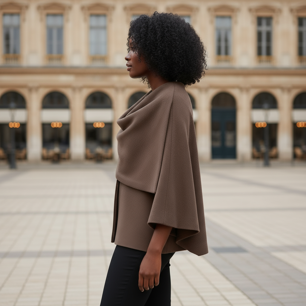 Woman wearing a brown cape in an outdoor setting with architectural background