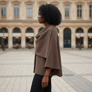 Woman wearing a brown cape in an outdoor setting with architectural background