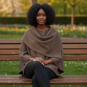 Woman sitting on a bench in a park with flowers and trees in the background
