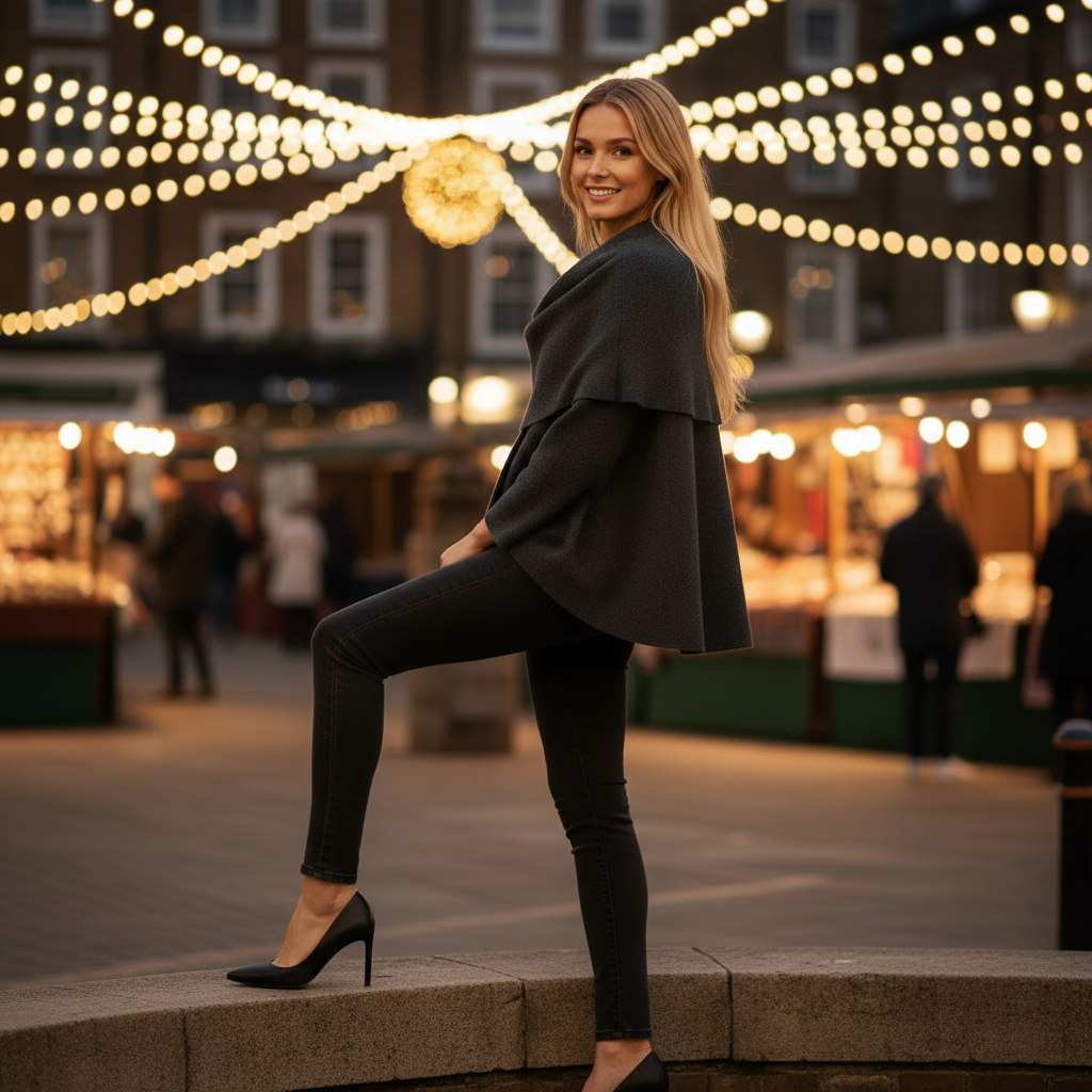 Woman in a black outfit posing in an outdoor market setting with string lights.