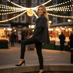 Woman in a black outfit posing in an outdoor market setting with string lights.