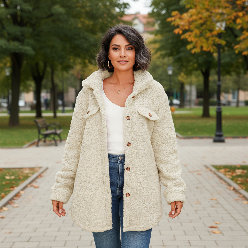 Woman wearing a beige coat in an outdoor setting with trees and a bench.